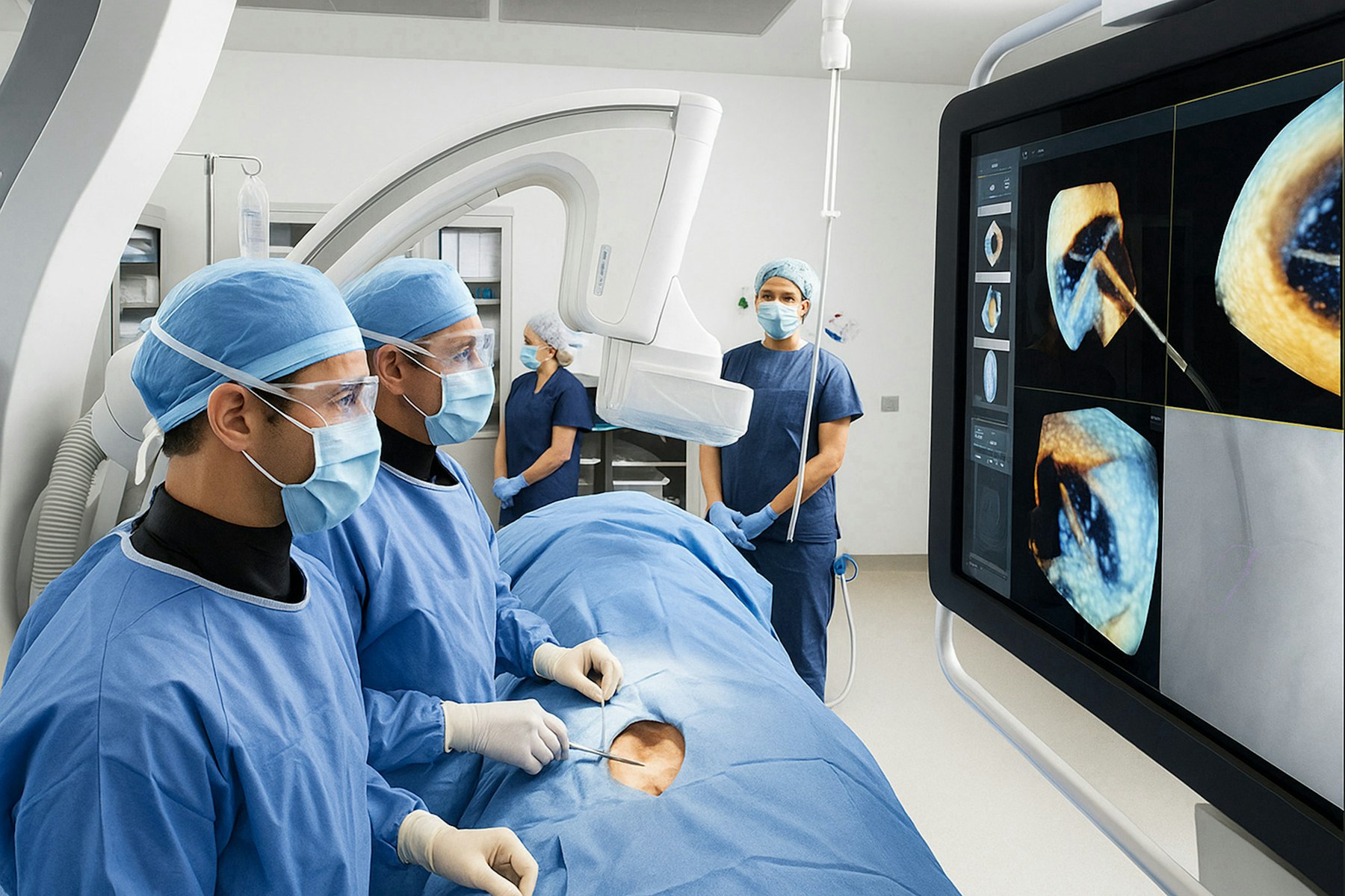 Interventional cardiology team using fluoroscopy in the cath lab during Impella placement