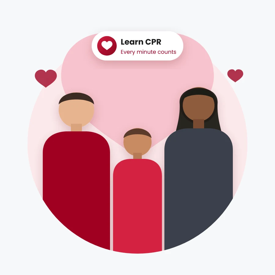 Illustration of a family standing together in front of a heart with a Learn CPR badge