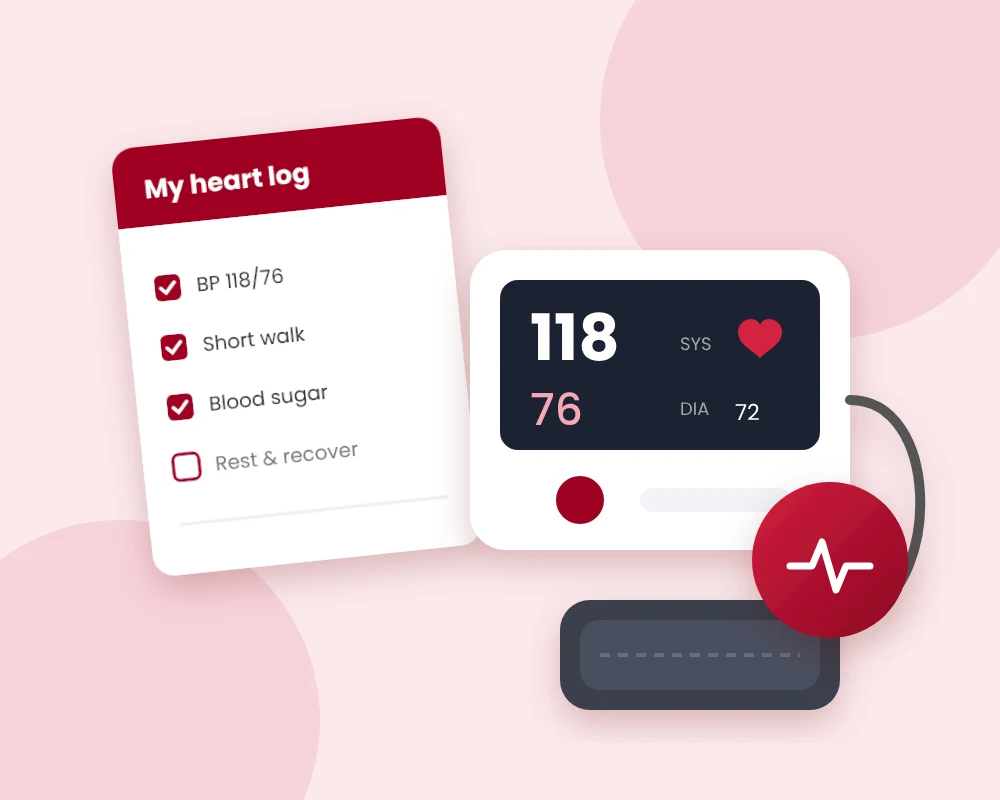 Home blood pressure monitor showing 118/76 next to a heart health log with daily checklist items